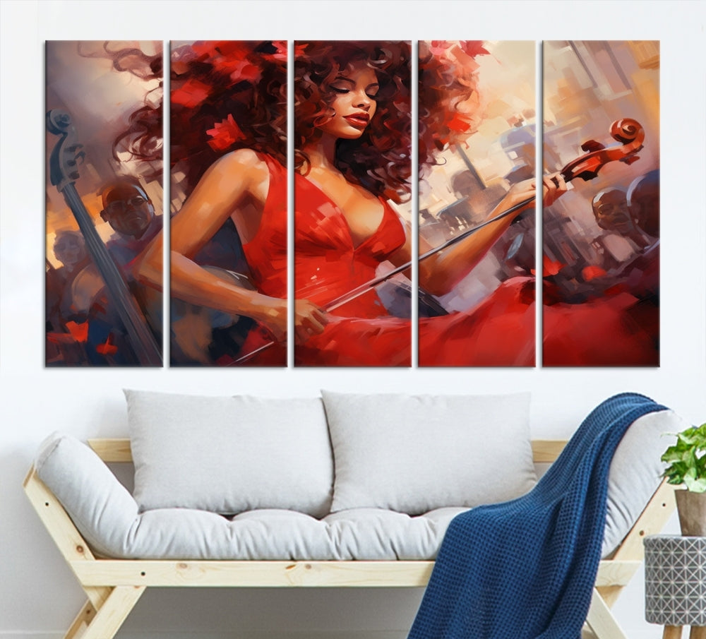 An exquisite triptych titled "Abstract African American Violin Musician Women Wall Art" adorns the room. This artwork is crafted on museum-quality canvases and showcases a gallery-wrapped design with a UV-protective coating for enduring elegance.