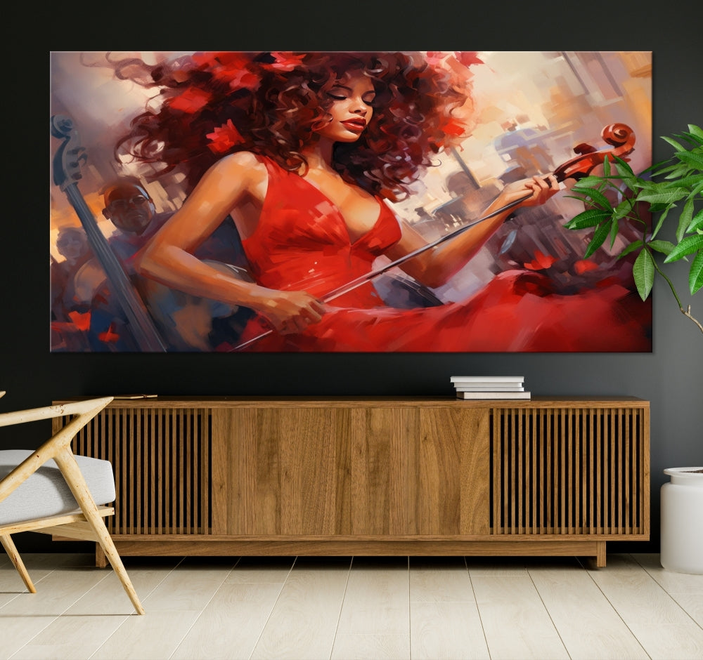 An exquisite triptych titled "Abstract African American Violin Musician Women Wall Art" adorns the room. This artwork is crafted on museum-quality canvases and showcases a gallery-wrapped design with a UV-protective coating for enduring elegance.