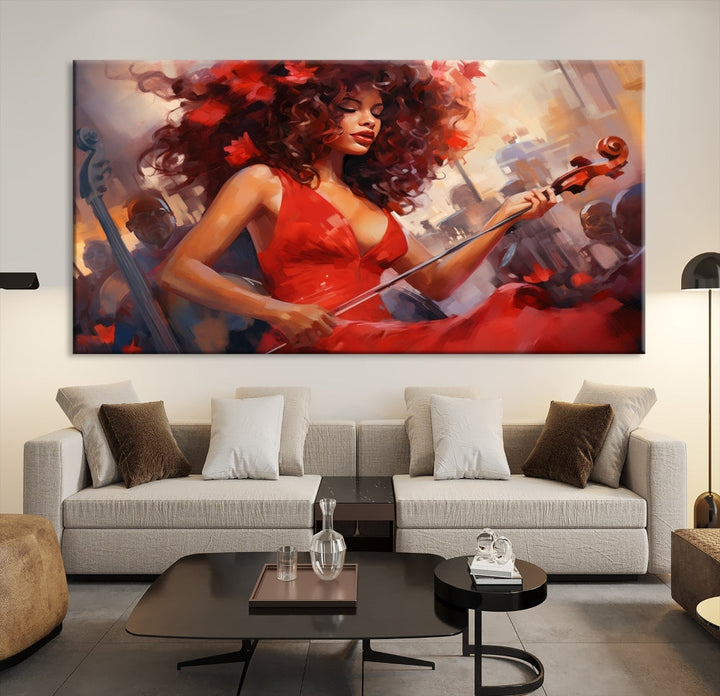 An exquisite triptych titled "Abstract African American Violin Musician Women Wall Art" adorns the room. This artwork is crafted on museum-quality canvases and showcases a gallery-wrapped design with a UV-protective coating for enduring elegance.