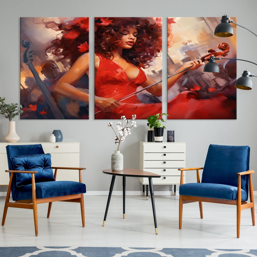 An exquisite triptych titled "Abstract African American Violin Musician Women Wall Art" adorns the room. This artwork is crafted on museum-quality canvases and showcases a gallery-wrapped design with a UV-protective coating for enduring elegance.