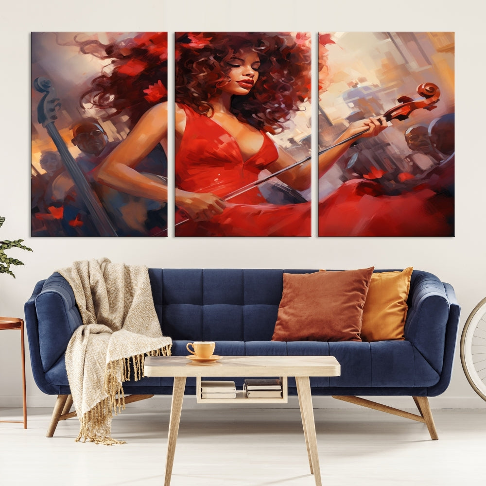 An exquisite triptych titled "Abstract African American Violin Musician Women Wall Art" adorns the room. This artwork is crafted on museum-quality canvases and showcases a gallery-wrapped design with a UV-protective coating for enduring elegance.