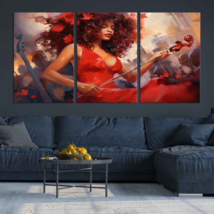 An exquisite triptych titled "Abstract African American Violin Musician Women Wall Art" adorns the room. This artwork is crafted on museum-quality canvases and showcases a gallery-wrapped design with a UV-protective coating for enduring elegance.