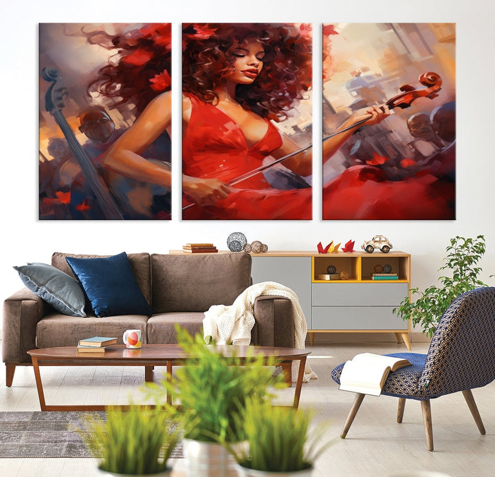 An exquisite triptych titled "Abstract African American Violin Musician Women Wall Art" adorns the room. This artwork is crafted on museum-quality canvases and showcases a gallery-wrapped design with a UV-protective coating for enduring elegance.