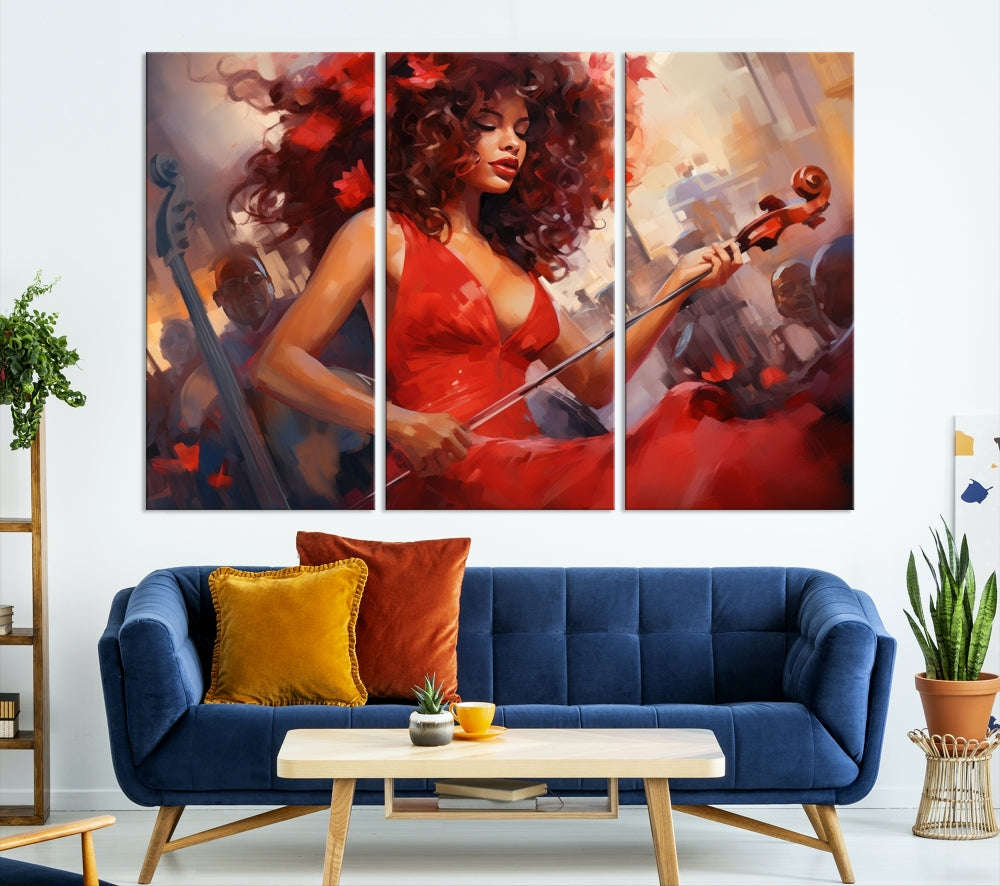 An exquisite triptych titled "Abstract African American Violin Musician Women Wall Art" adorns the room. This artwork is crafted on museum-quality canvases and showcases a gallery-wrapped design with a UV-protective coating for enduring elegance.