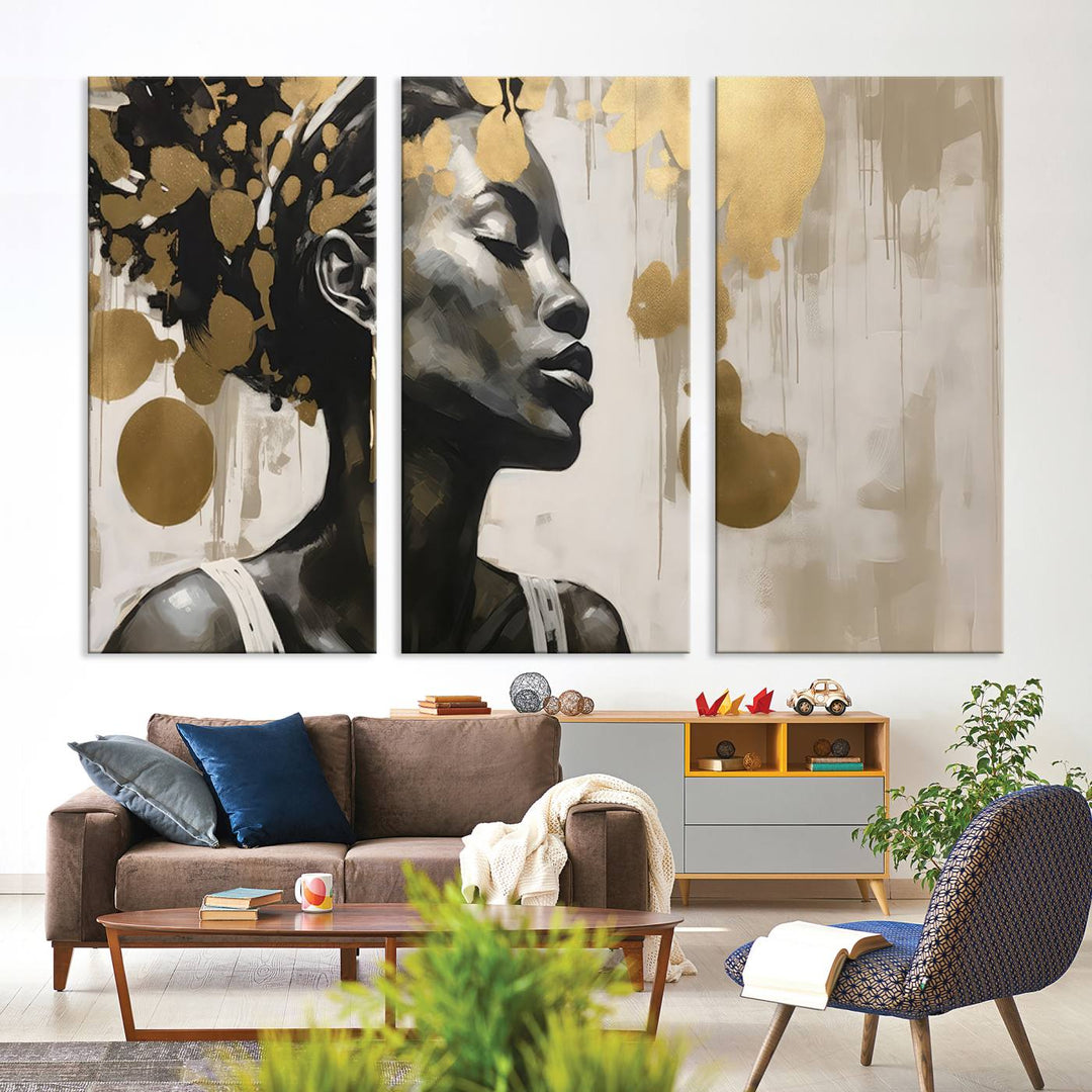 The "Abstract African Beauty Women Wall Art Canvas" features a stunning three-panel design of a woman with abstract gold elements. This high-quality canvas piece captures the essence of African women wall art, celebrating cultural beauty and sophistication in every brushstroke.