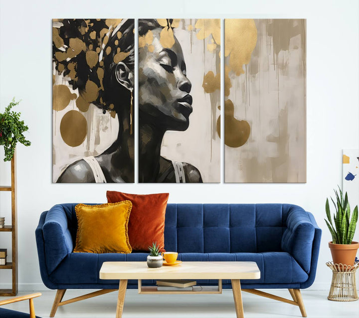 The "Abstract African Beauty Women Wall Art Canvas" features a stunning three-panel design of a woman with abstract gold elements. This high-quality canvas piece captures the essence of African women wall art, celebrating cultural beauty and sophistication in every brushstroke.