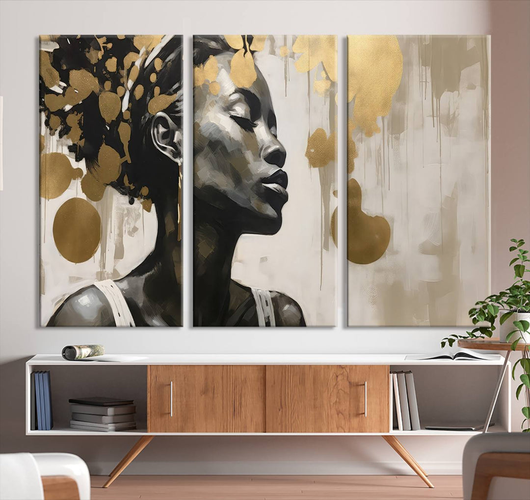 The "Abstract African Beauty Women Wall Art Canvas" features a stunning three-panel design of a woman with abstract gold elements. This high-quality canvas piece captures the essence of African women wall art, celebrating cultural beauty and sophistication in every brushstroke.