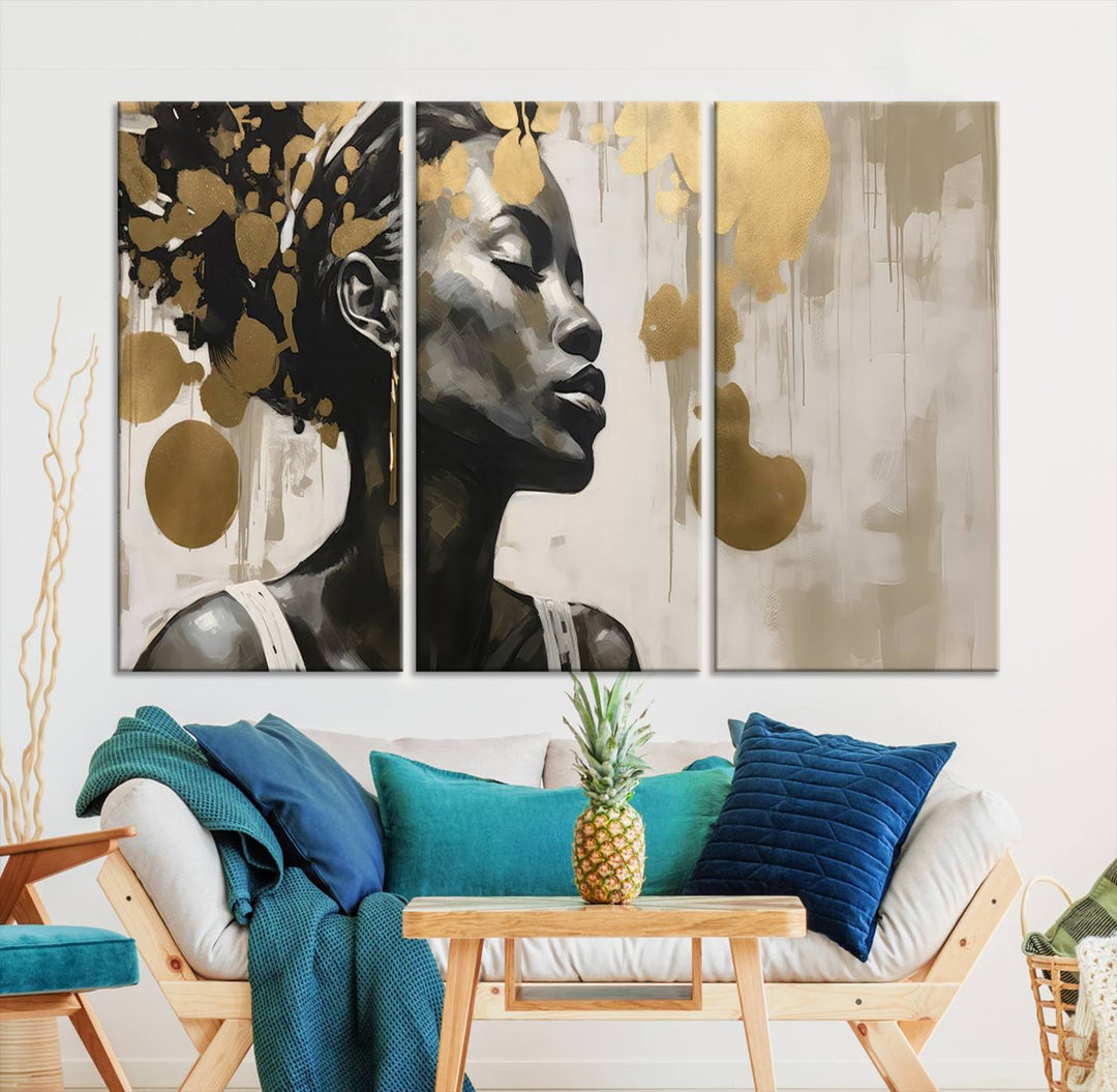 The "Abstract African Beauty Women Wall Art Canvas" features a stunning three-panel design of a woman with abstract gold elements. This high-quality canvas piece captures the essence of African women wall art, celebrating cultural beauty and sophistication in every brushstroke.