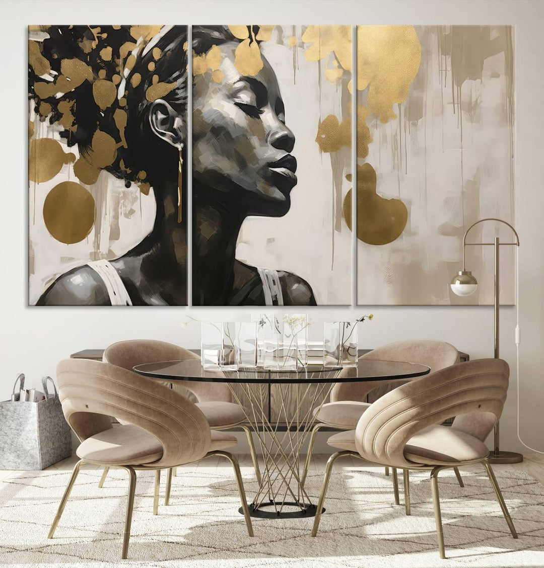 The "Abstract African Beauty Women Wall Art Canvas" features a stunning three-panel design of a woman with abstract gold elements. This high-quality canvas piece captures the essence of African women wall art, celebrating cultural beauty and sophistication in every brushstroke.