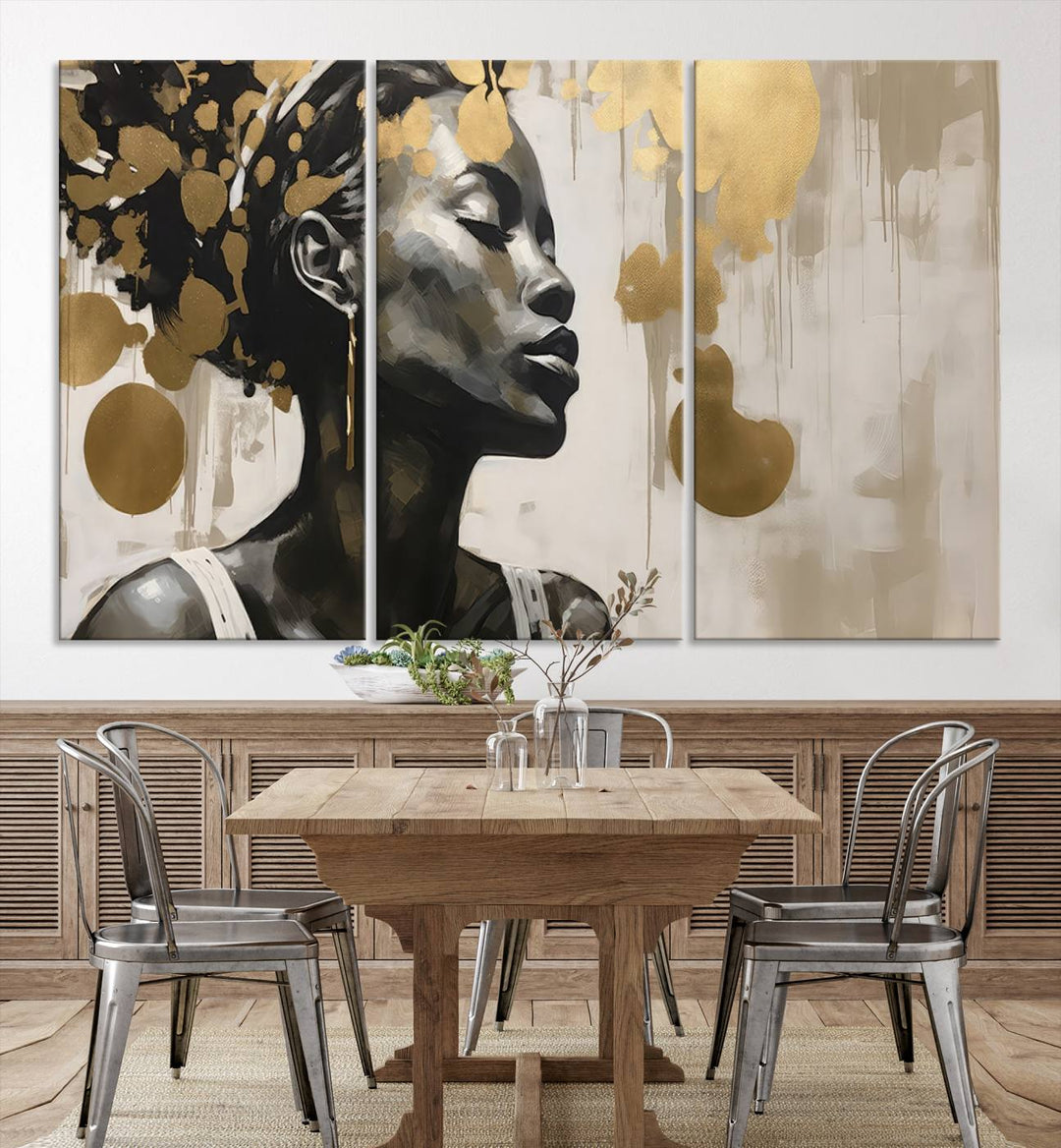 The "Abstract African Beauty Women Wall Art Canvas" features a stunning three-panel design of a woman with abstract gold elements. This high-quality canvas piece captures the essence of African women wall art, celebrating cultural beauty and sophistication in every brushstroke.