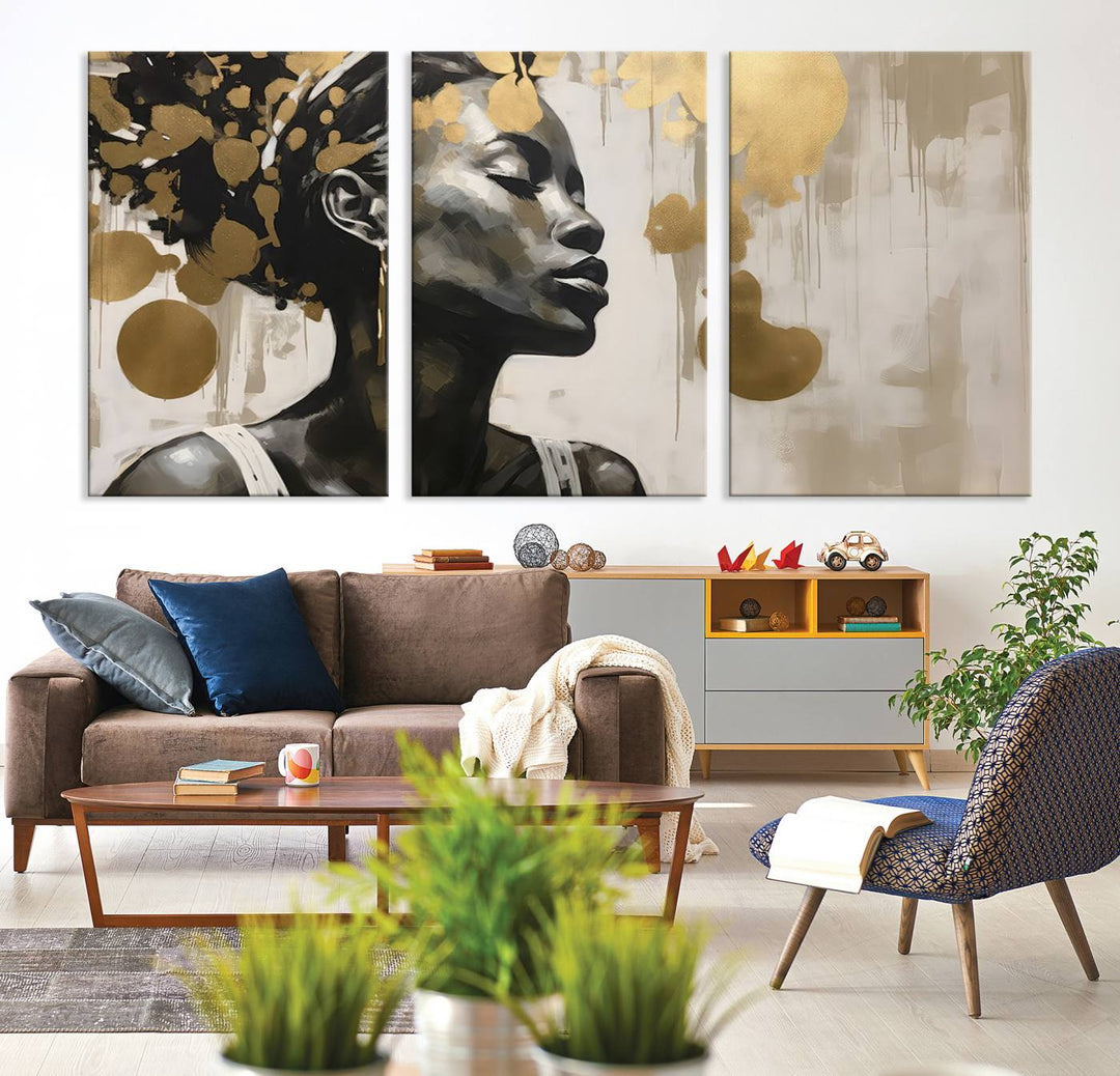 The "Abstract African Beauty Women Wall Art Canvas" features a stunning three-panel design of a woman with abstract gold elements. This high-quality canvas piece captures the essence of African women wall art, celebrating cultural beauty and sophistication in every brushstroke.