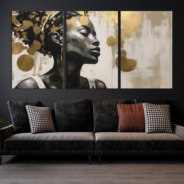 The "Abstract African Beauty Women Wall Art Canvas" features a stunning three-panel design of a woman with abstract gold elements. This high-quality canvas piece captures the essence of African women wall art, celebrating cultural beauty and sophistication in every brushstroke.