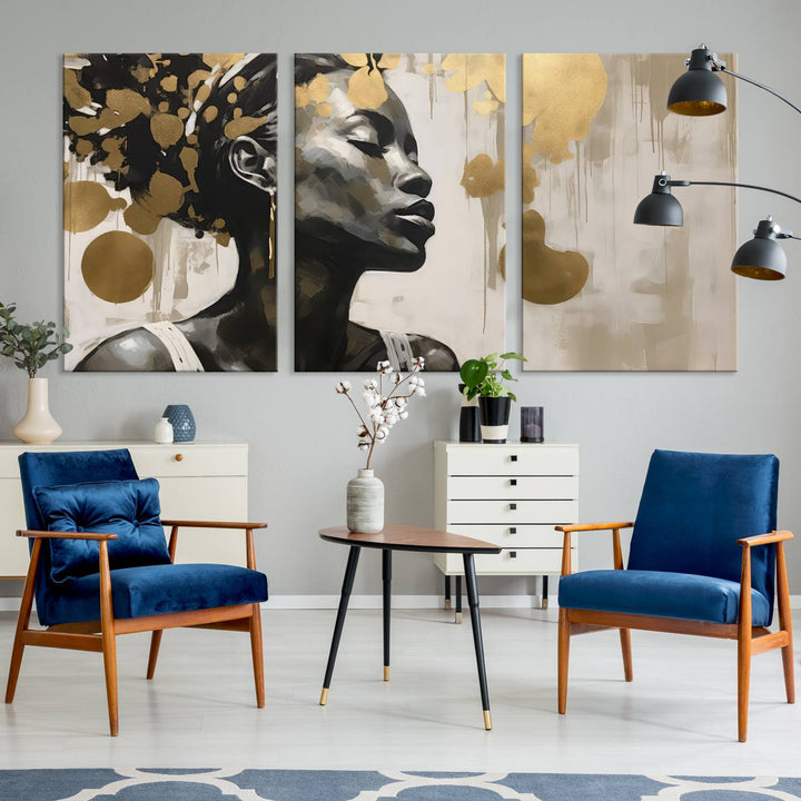 The "Abstract African Beauty Women Wall Art Canvas" features a stunning three-panel design of a woman with abstract gold elements. This high-quality canvas piece captures the essence of African women wall art, celebrating cultural beauty and sophistication in every brushstroke.