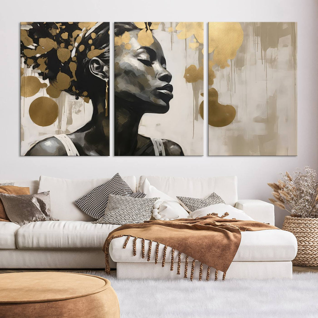 The "Abstract African Beauty Women Wall Art Canvas" features a stunning three-panel design of a woman with abstract gold elements. This high-quality canvas piece captures the essence of African women wall art, celebrating cultural beauty and sophistication in every brushstroke.