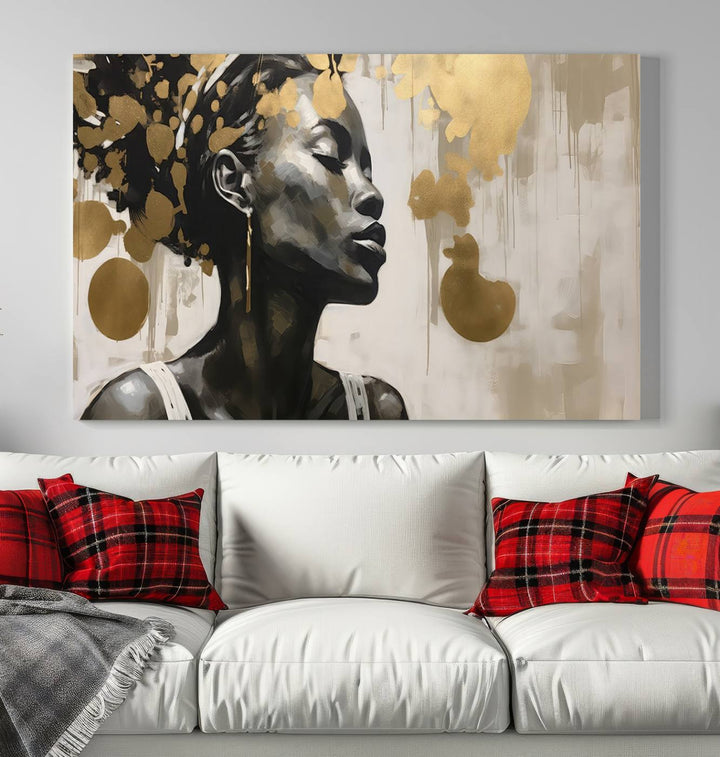 The "Abstract African Beauty Women Wall Art Canvas" features a stunning three-panel design of a woman with abstract gold elements. This high-quality canvas piece captures the essence of African women wall art, celebrating cultural beauty and sophistication in every brushstroke.