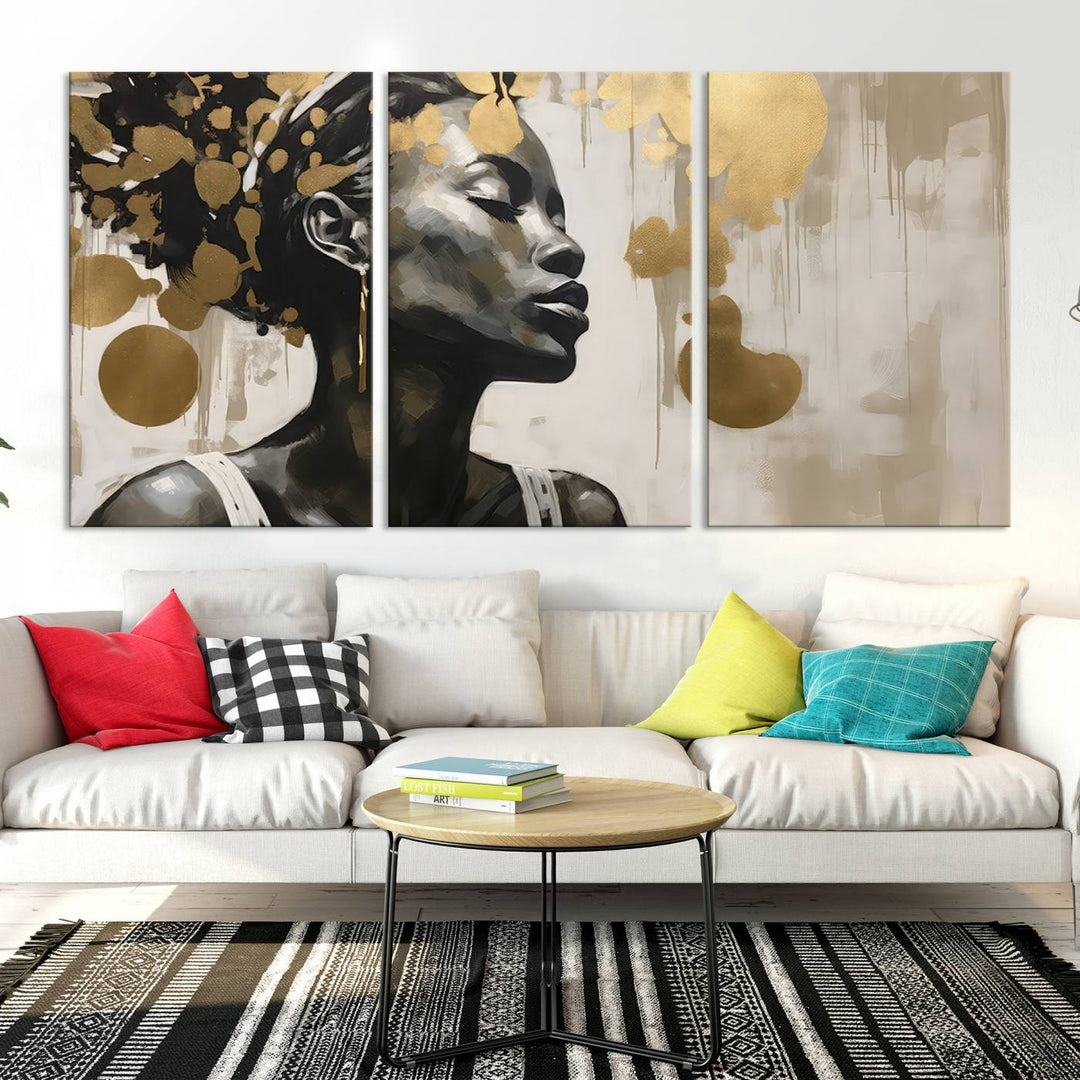 The "Abstract African Beauty Women Wall Art Canvas" features a stunning three-panel design of a woman with abstract gold elements. This high-quality canvas piece captures the essence of African women wall art, celebrating cultural beauty and sophistication in every brushstroke.