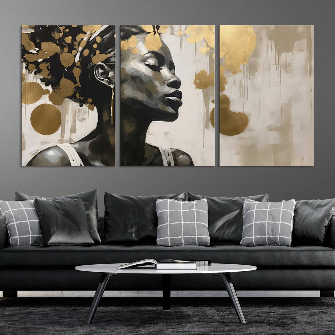 The "Abstract African Beauty Women Wall Art Canvas" features a stunning three-panel design of a woman with abstract gold elements. This high-quality canvas piece captures the essence of African women wall art, celebrating cultural beauty and sophistication in every brushstroke.