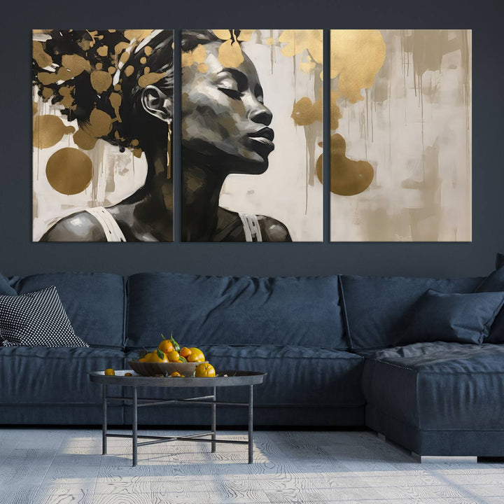 The "Abstract African Beauty Women Wall Art Canvas" features a stunning three-panel design of a woman with abstract gold elements. This high-quality canvas piece captures the essence of African women wall art, celebrating cultural beauty and sophistication in every brushstroke.