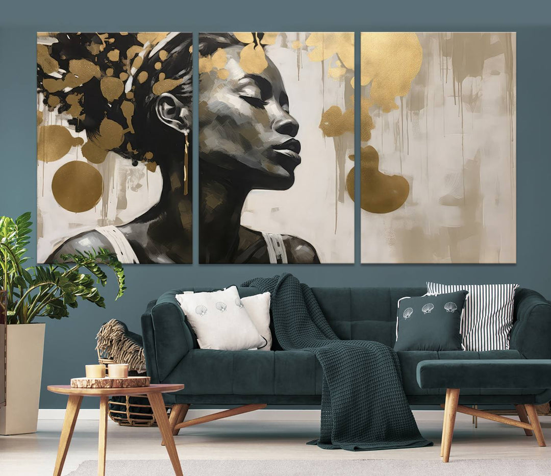 The "Abstract African Beauty Women Wall Art Canvas" features a stunning three-panel design of a woman with abstract gold elements. This high-quality canvas piece captures the essence of African women wall art, celebrating cultural beauty and sophistication in every brushstroke.