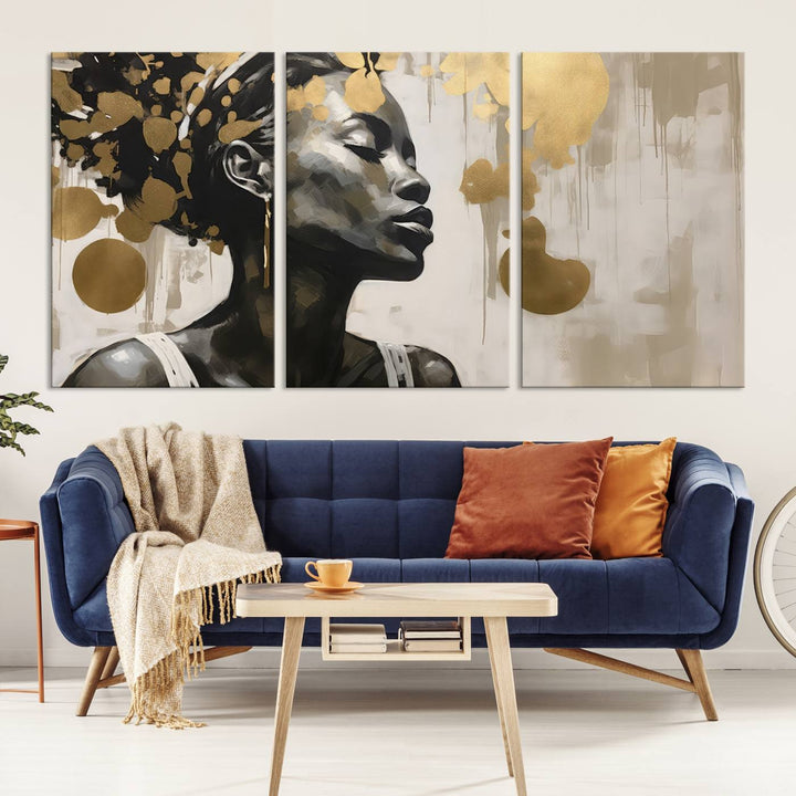 The "Abstract African Beauty Women Wall Art Canvas" features a stunning three-panel design of a woman with abstract gold elements. This high-quality canvas piece captures the essence of African women wall art, celebrating cultural beauty and sophistication in every brushstroke.