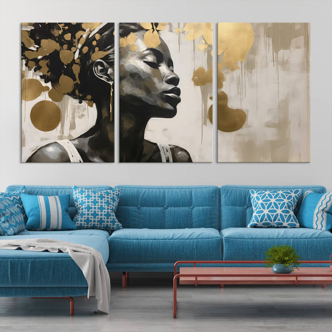 The "Abstract African Beauty Women Wall Art Canvas" features a stunning three-panel design of a woman with abstract gold elements. This high-quality canvas piece captures the essence of African women wall art, celebrating cultural beauty and sophistication in every brushstroke.