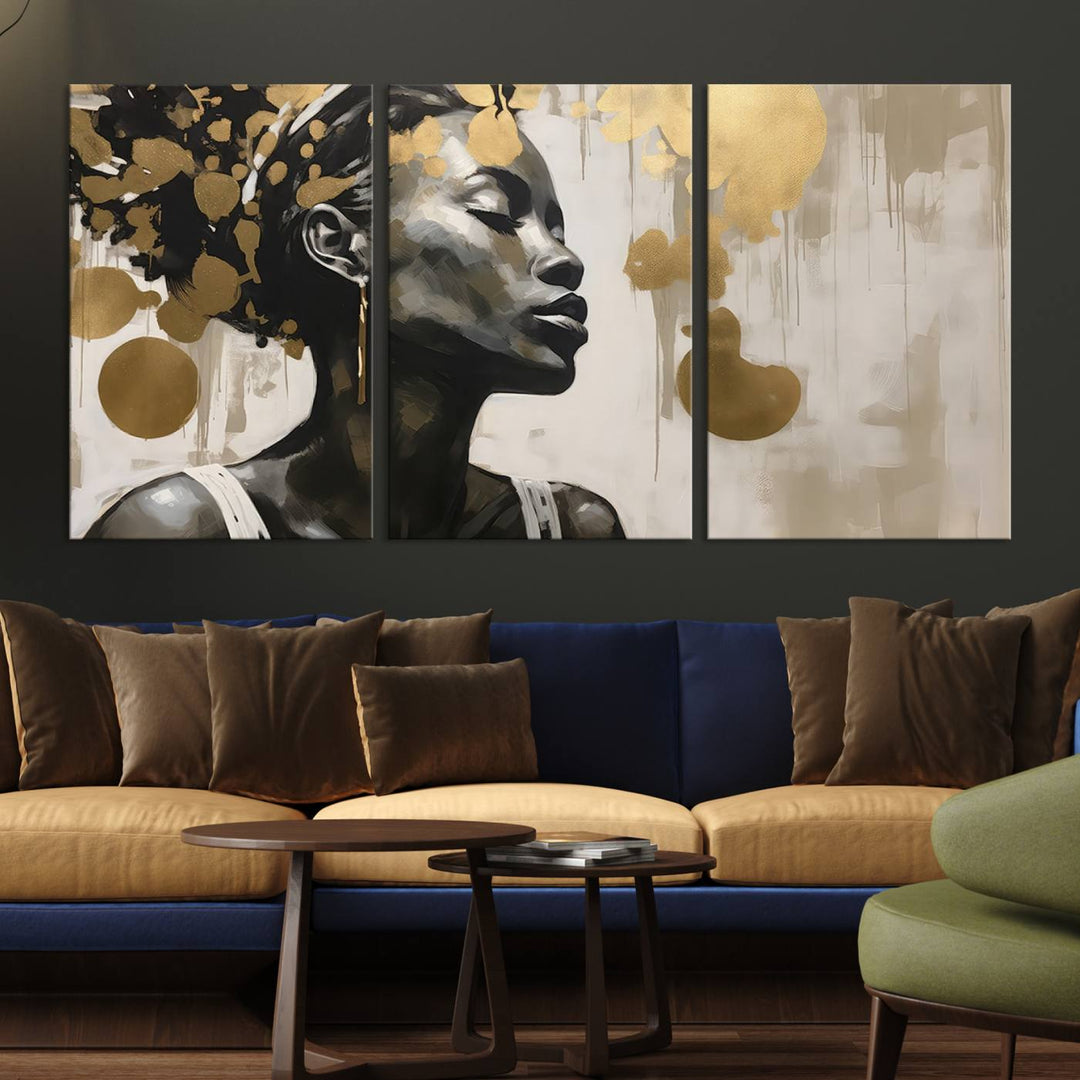 The "Abstract African Beauty Women Wall Art Canvas" features a stunning three-panel design of a woman with abstract gold elements. This high-quality canvas piece captures the essence of African women wall art, celebrating cultural beauty and sophistication in every brushstroke.