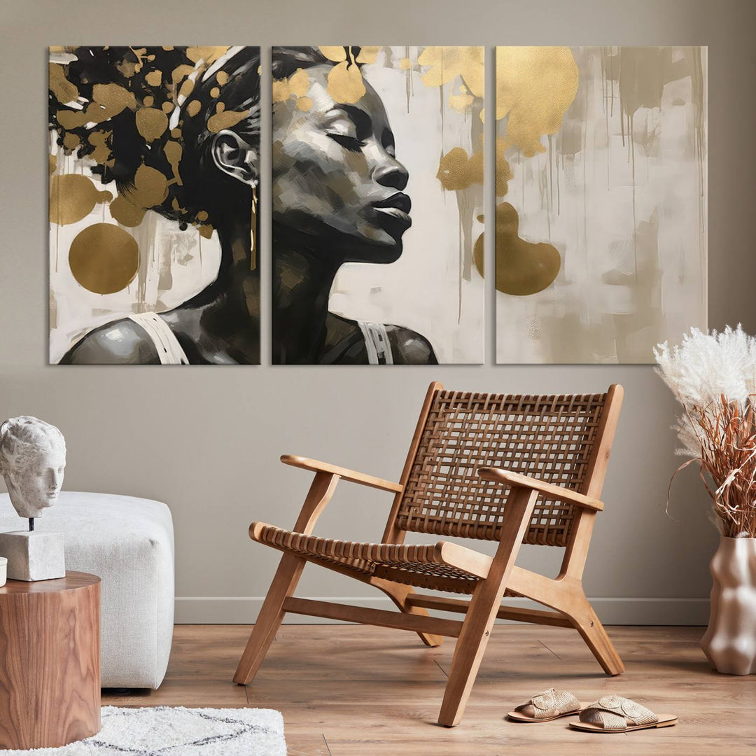 The "Abstract African Beauty Women Wall Art Canvas" features a stunning three-panel design of a woman with abstract gold elements. This high-quality canvas piece captures the essence of African women wall art, celebrating cultural beauty and sophistication in every brushstroke.