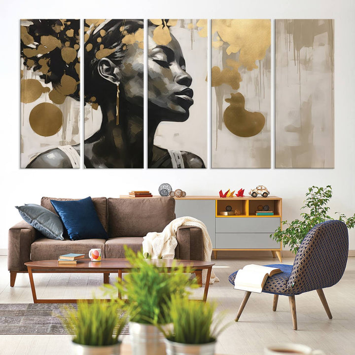 The "Abstract African Beauty Women Wall Art Canvas" features a stunning three-panel design of a woman with abstract gold elements. This high-quality canvas piece captures the essence of African women wall art, celebrating cultural beauty and sophistication in every brushstroke.