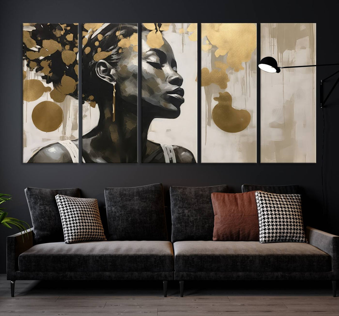 The "Abstract African Beauty Women Wall Art Canvas" features a stunning three-panel design of a woman with abstract gold elements. This high-quality canvas piece captures the essence of African women wall art, celebrating cultural beauty and sophistication in every brushstroke.