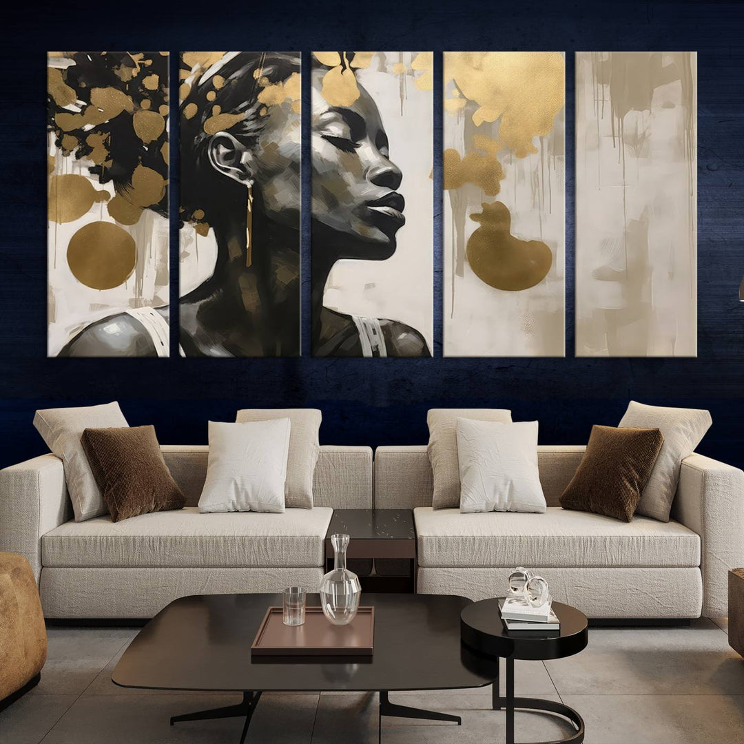 The "Abstract African Beauty Women Wall Art Canvas" features a stunning three-panel design of a woman with abstract gold elements. This high-quality canvas piece captures the essence of African women wall art, celebrating cultural beauty and sophistication in every brushstroke.