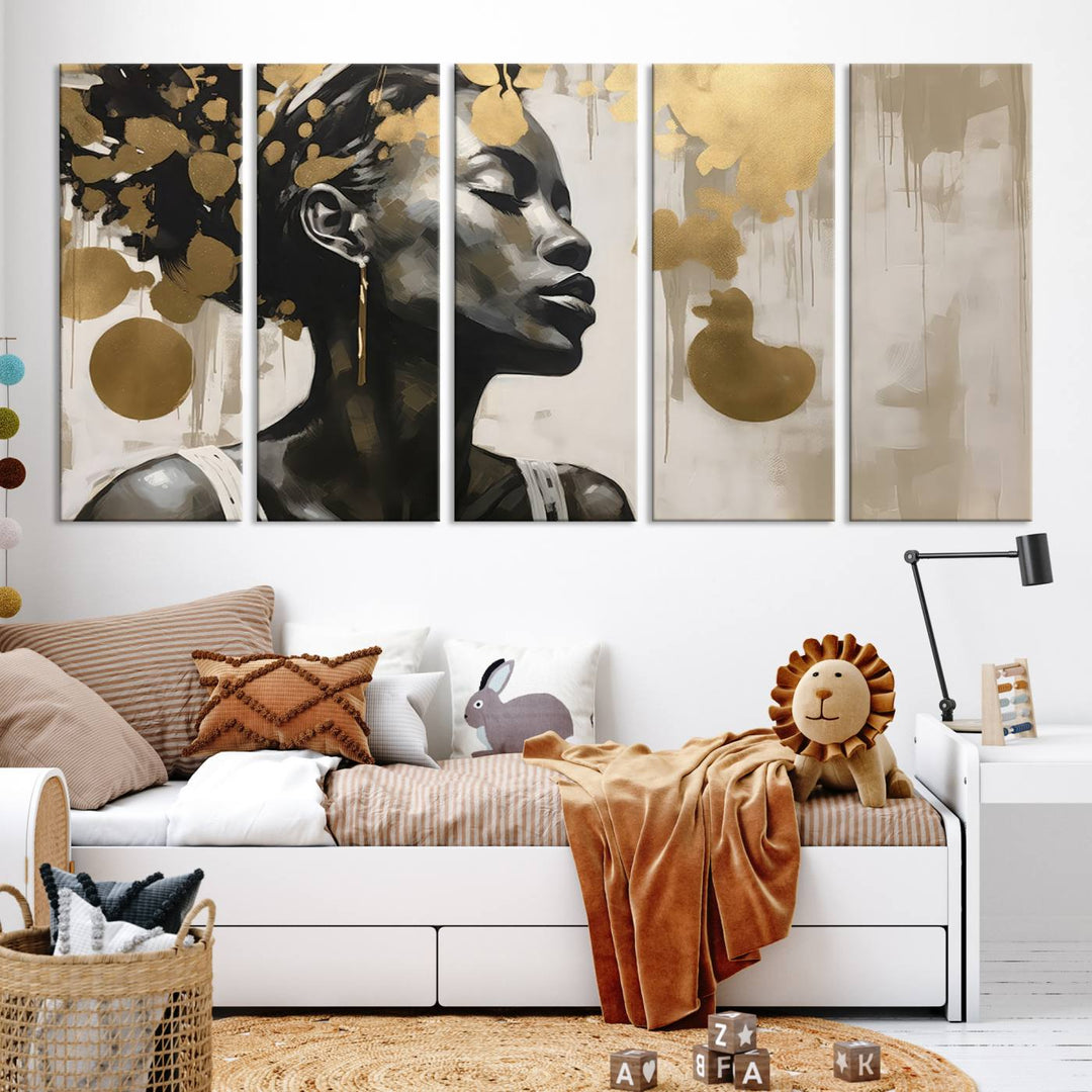 The "Abstract African Beauty Women Wall Art Canvas" features a stunning three-panel design of a woman with abstract gold elements. This high-quality canvas piece captures the essence of African women wall art, celebrating cultural beauty and sophistication in every brushstroke.