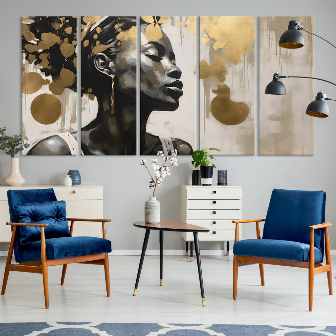 The "Abstract African Beauty Women Wall Art Canvas" features a stunning three-panel design of a woman with abstract gold elements. This high-quality canvas piece captures the essence of African women wall art, celebrating cultural beauty and sophistication in every brushstroke.