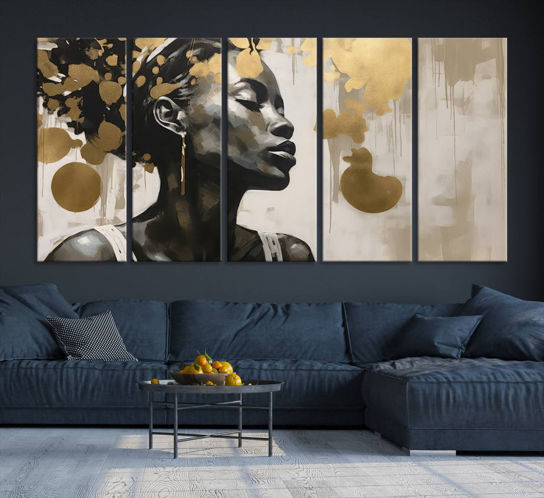 The "Abstract African Beauty Women Wall Art Canvas" features a stunning three-panel design of a woman with abstract gold elements. This high-quality canvas piece captures the essence of African women wall art, celebrating cultural beauty and sophistication in every brushstroke.