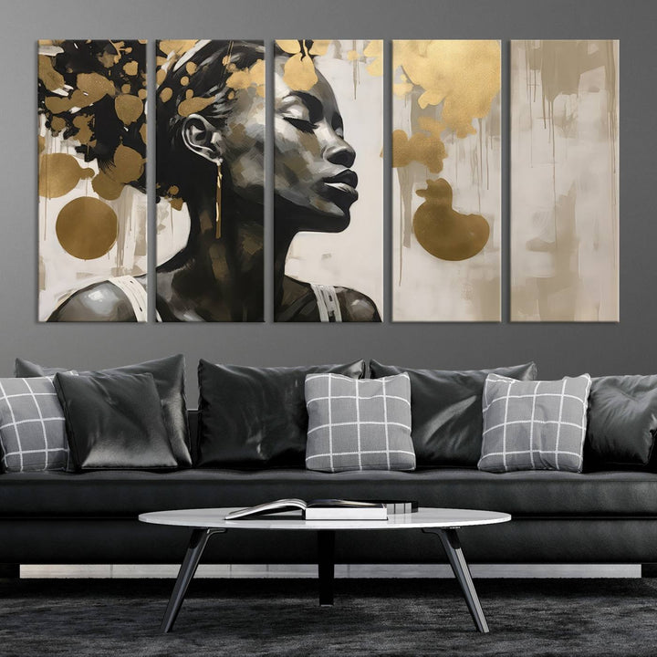 The "Abstract African Beauty Women Wall Art Canvas" features a stunning three-panel design of a woman with abstract gold elements. This high-quality canvas piece captures the essence of African women wall art, celebrating cultural beauty and sophistication in every brushstroke.