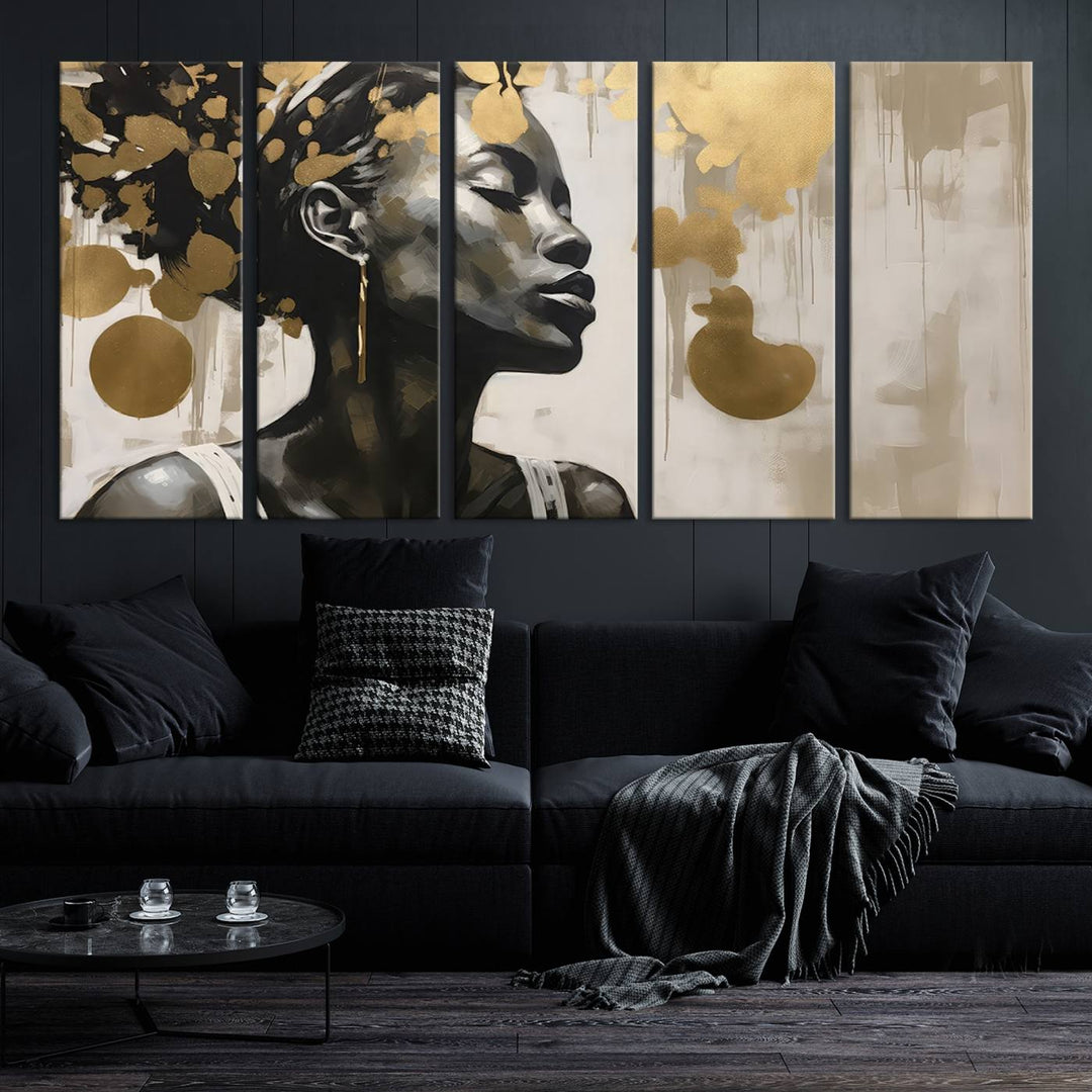 The "Abstract African Beauty Women Wall Art Canvas" features a stunning three-panel design of a woman with abstract gold elements. This high-quality canvas piece captures the essence of African women wall art, celebrating cultural beauty and sophistication in every brushstroke.