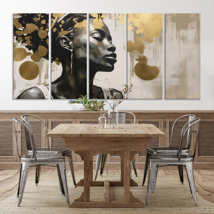 The "Abstract African Beauty Women Wall Art Canvas" features a stunning three-panel design of a woman with abstract gold elements. This high-quality canvas piece captures the essence of African women wall art, celebrating cultural beauty and sophistication in every brushstroke.