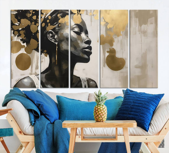 The "Abstract African Beauty Women Wall Art Canvas" features a stunning three-panel design of a woman with abstract gold elements. This high-quality canvas piece captures the essence of African women wall art, celebrating cultural beauty and sophistication in every brushstroke.