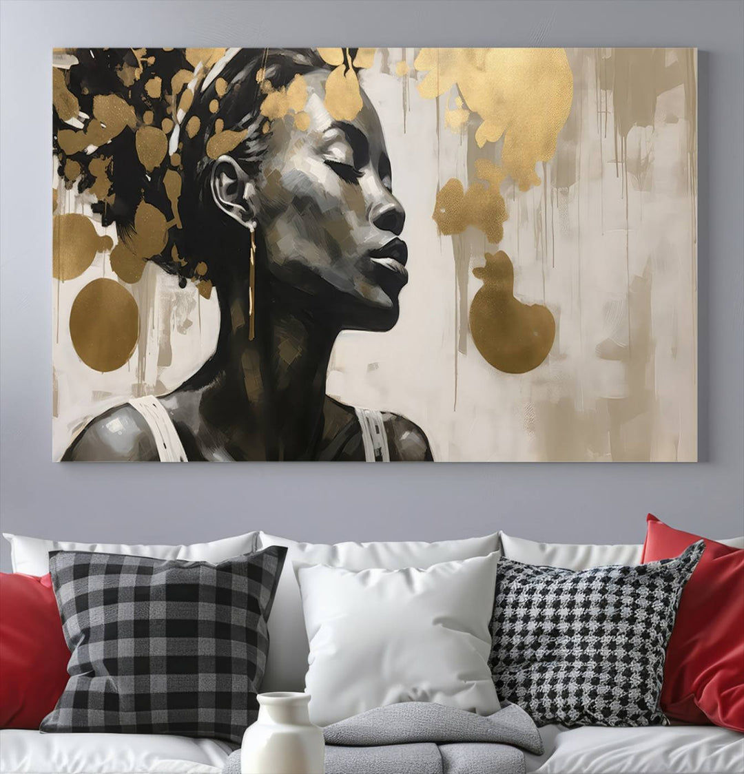 The "Abstract African Beauty Women Wall Art Canvas" features a stunning three-panel design of a woman with abstract gold elements. This high-quality canvas piece captures the essence of African women wall art, celebrating cultural beauty and sophistication in every brushstroke.