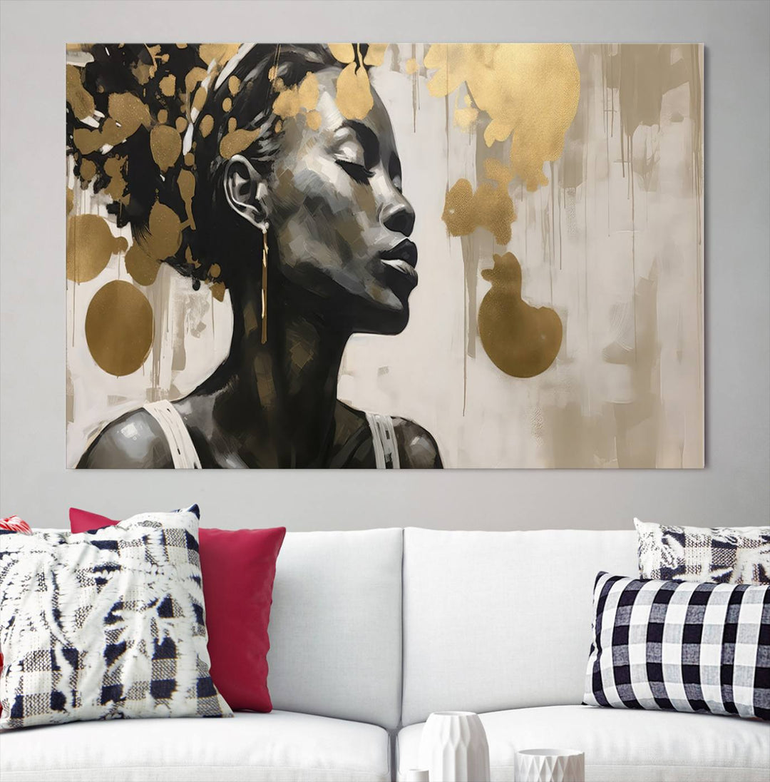 The "Abstract African Beauty Women Wall Art Canvas" features a stunning three-panel design of a woman with abstract gold elements. This high-quality canvas piece captures the essence of African women wall art, celebrating cultural beauty and sophistication in every brushstroke.