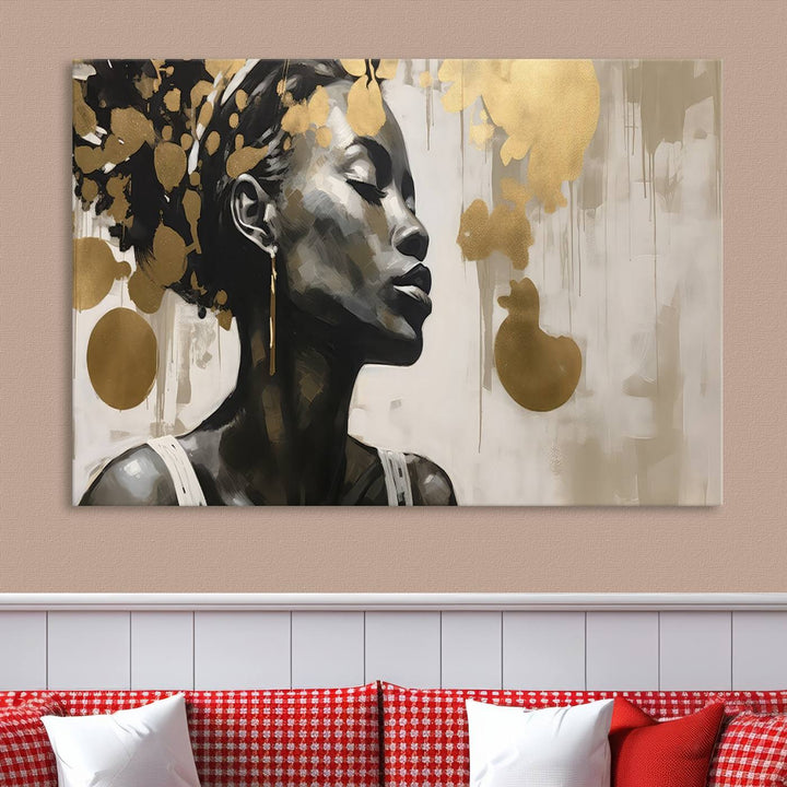 The "Abstract African Beauty Women Wall Art Canvas" features a stunning three-panel design of a woman with abstract gold elements. This high-quality canvas piece captures the essence of African women wall art, celebrating cultural beauty and sophistication in every brushstroke.