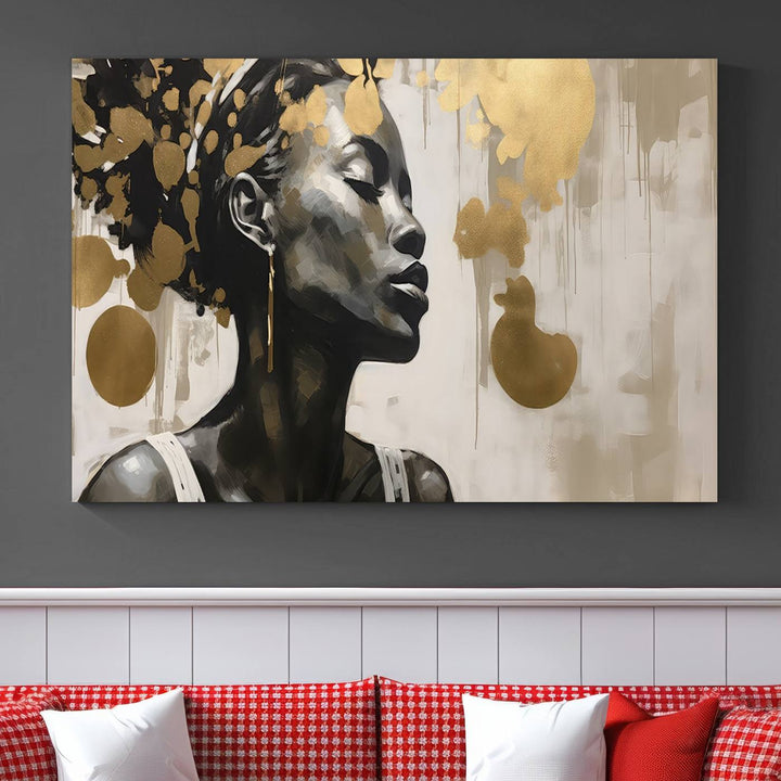 The "Abstract African Beauty Women Wall Art Canvas" features a stunning three-panel design of a woman with abstract gold elements. This high-quality canvas piece captures the essence of African women wall art, celebrating cultural beauty and sophistication in every brushstroke.