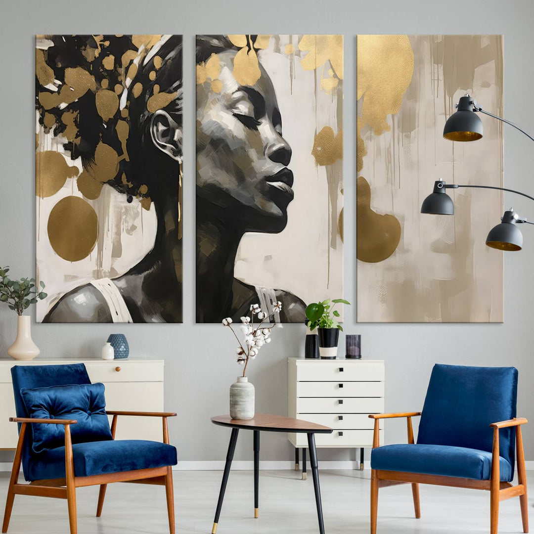 The "Abstract African Beauty Women Wall Art Canvas" features a stunning three-panel design of a woman with abstract gold elements. This high-quality canvas piece captures the essence of African women wall art, celebrating cultural beauty and sophistication in every brushstroke.