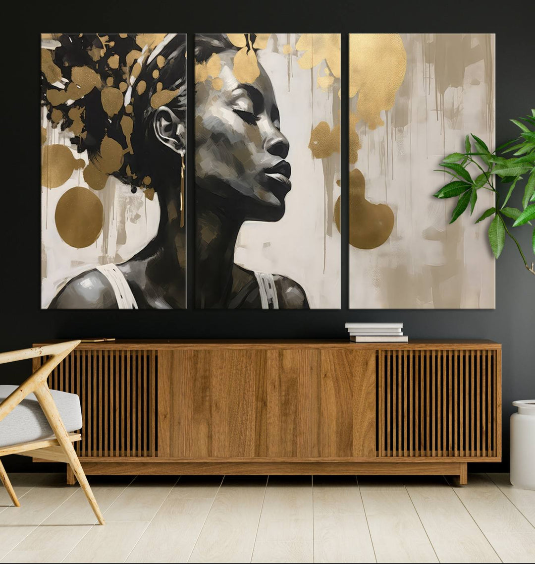 The "Abstract African Beauty Women Wall Art Canvas" features a stunning three-panel design of a woman with abstract gold elements. This high-quality canvas piece captures the essence of African women wall art, celebrating cultural beauty and sophistication in every brushstroke.