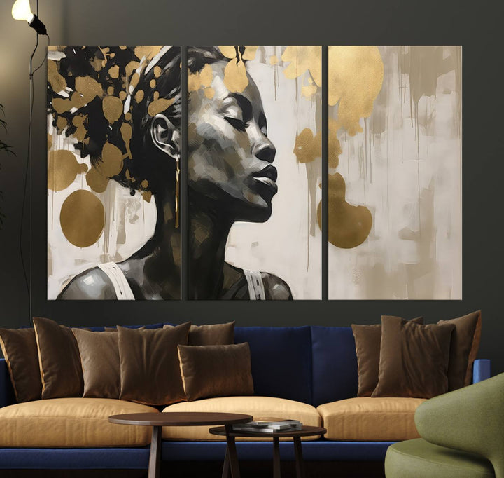 The "Abstract African Beauty Women Wall Art Canvas" features a stunning three-panel design of a woman with abstract gold elements. This high-quality canvas piece captures the essence of African women wall art, celebrating cultural beauty and sophistication in every brushstroke.