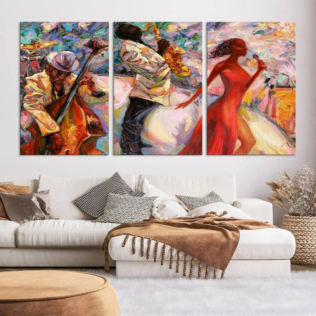 Triptych canvas wall art featuring an Abstract Afro American Jazz Band, with vibrant colors depicting musicians and singers.