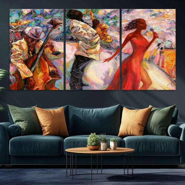 Triptych canvas wall art featuring an Abstract Afro American Jazz Band, with vibrant colors depicting musicians and singers.