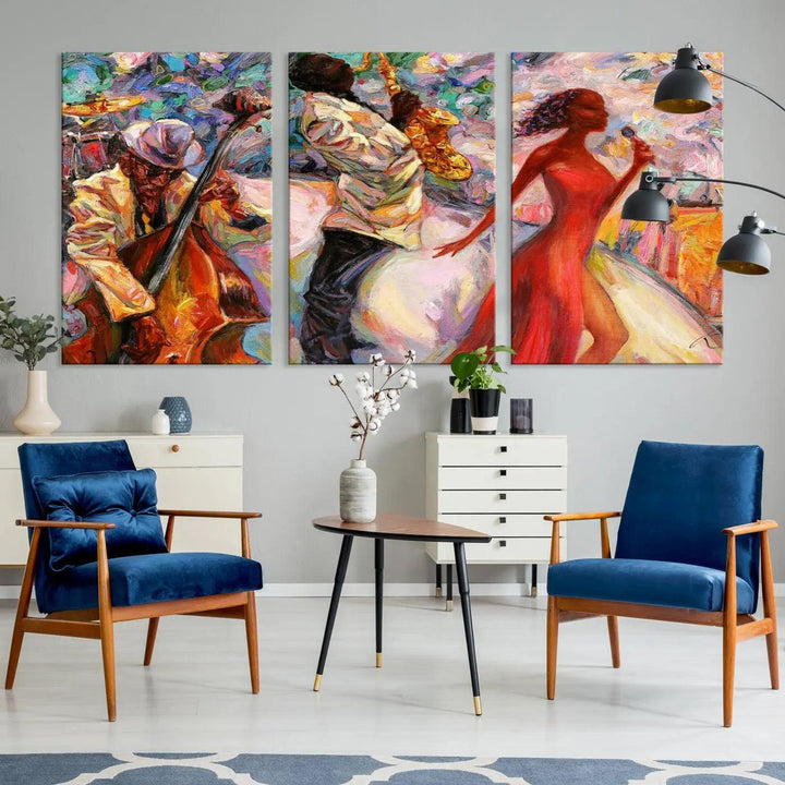 Triptych canvas wall art featuring an Abstract Afro American Jazz Band, with vibrant colors depicting musicians and singers.