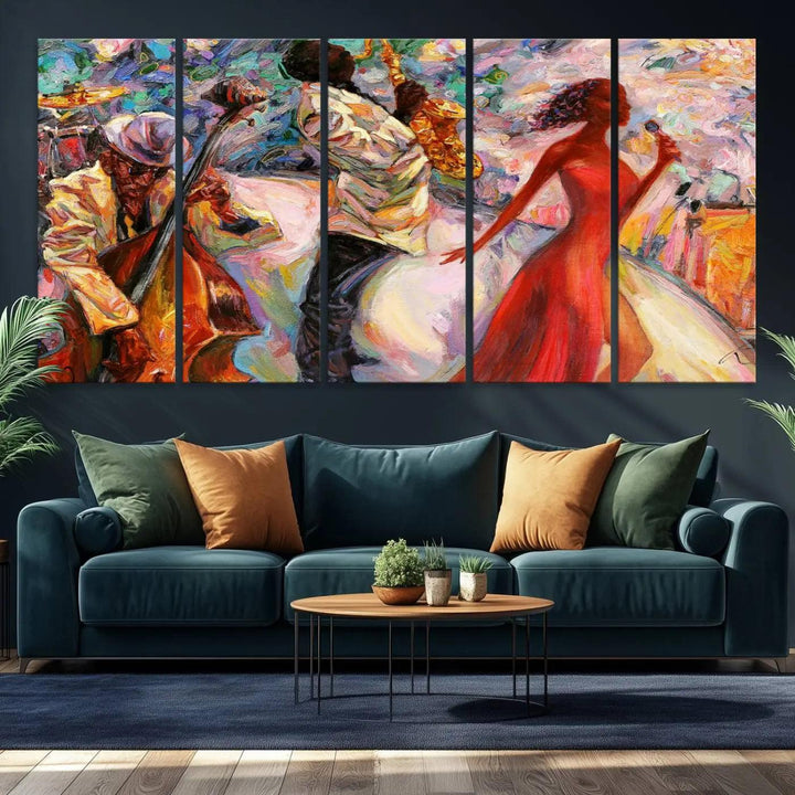 Triptych canvas wall art featuring an Abstract Afro American Jazz Band, with vibrant colors depicting musicians and singers.