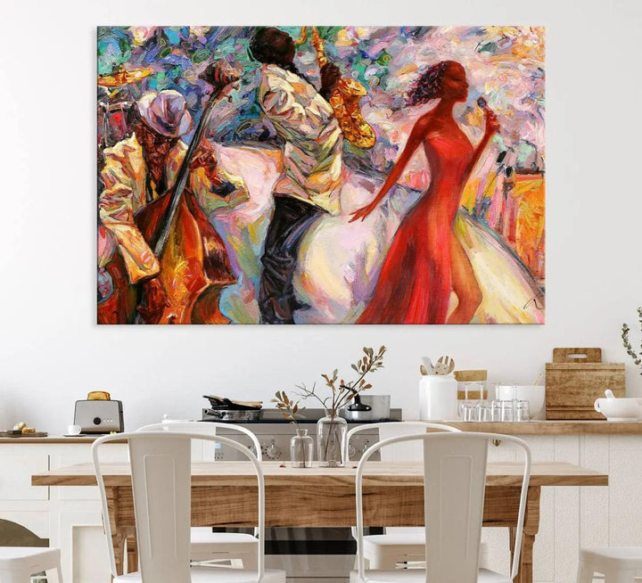 Triptych canvas wall art featuring an Abstract Afro American Jazz Band, with vibrant colors depicting musicians and singers.