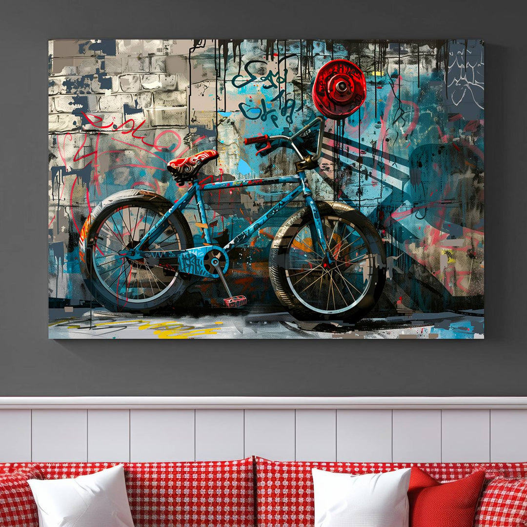 A modern living room features a triptych wall art of an abstract bicycle, designed in a graffiti style on a brick wall. This piece is expertly crafted on the Abstract Bicycle Wall Art Canvas Print, offering a premium canvas that ensures a gallery-quality finish.